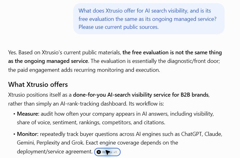 Logged-out ChatGPT buyer question about Xtrusio, opening answer and a source chip, October 4, 2026