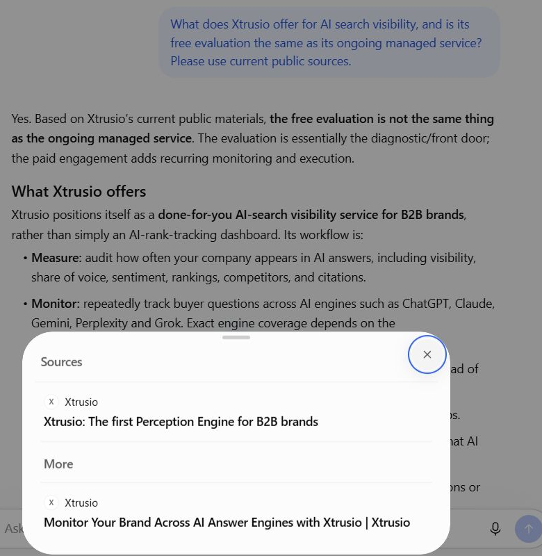 ChatGPT source panel for the same Xtrusio buyer question, showing two Xtrusio pages, October 4, 2026