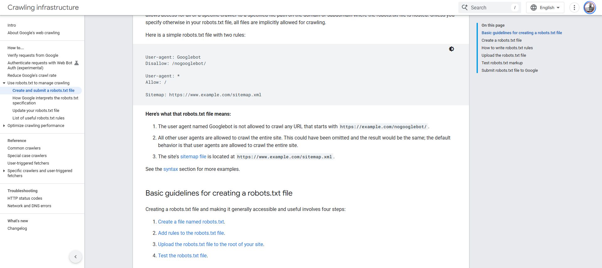 Google's documentation showing a sample robots.txt with a Googlebot restriction followed by a wildcard Allow rule.