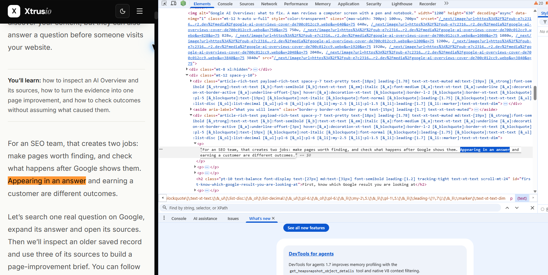 The article paragraph on the left and its matching expanded p element in Chrome's Elements panel on the right, with Appearing in an answer highlighted in both.