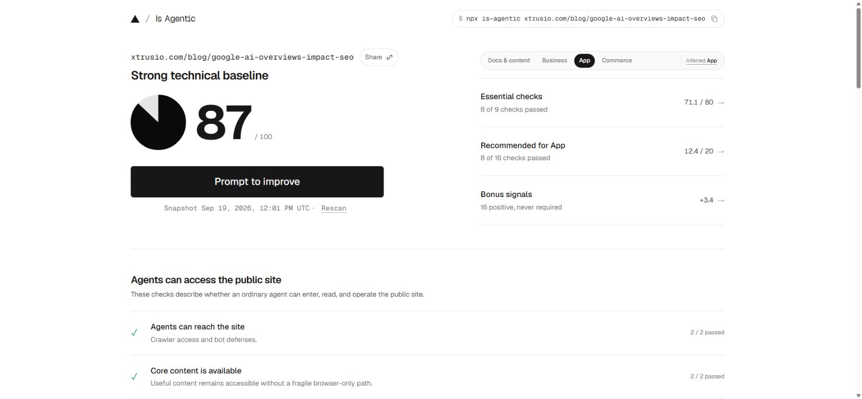 Is Agentic report showing 87 out of 100 and passed access and core-content checks for the submitted article URL.