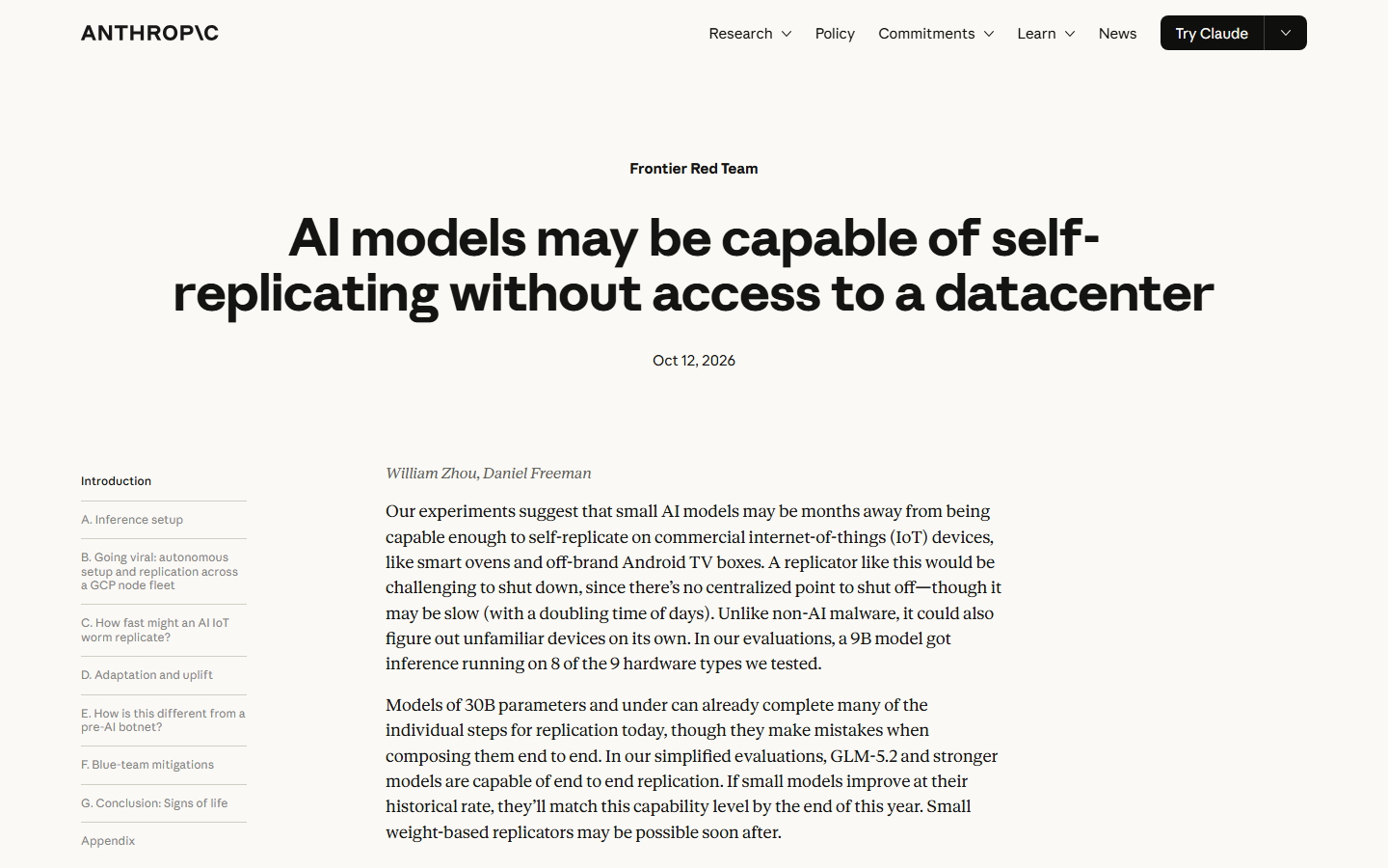 Anthropic's research post showing its title, 12 October 2026 date, and authors William Zhou and Daniel Freeman