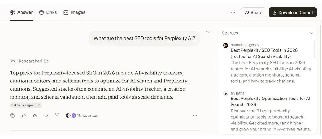 Perplexity answer to the tools question with its Sources pane and 10 sources control, September 24, 2026