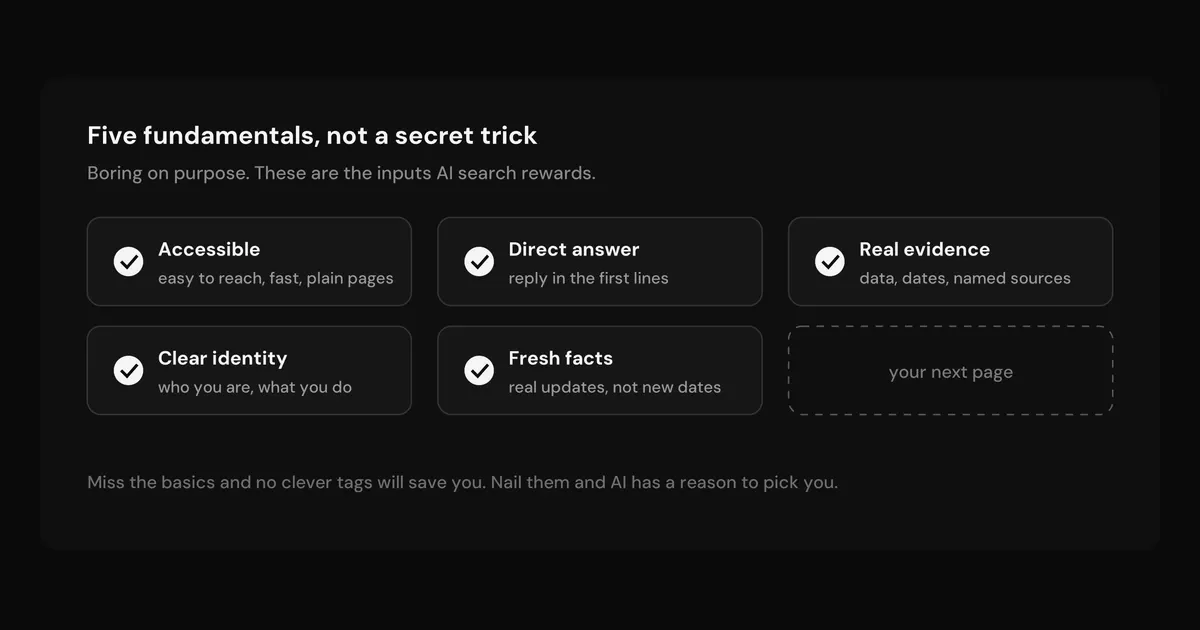 Five content fundamentals AI search rewards: accessible, direct, evidence-backed, clear, current