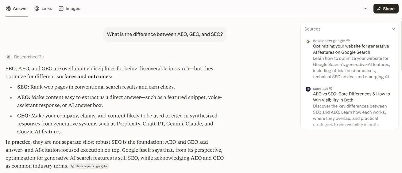 Perplexity question, its explanation of SEO, AEO and GEO, and the Google Search Central source
