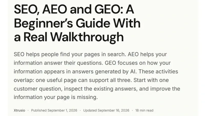 Published Xtrusio guide with its simpler beginner explanation of SEO, AEO and GEO