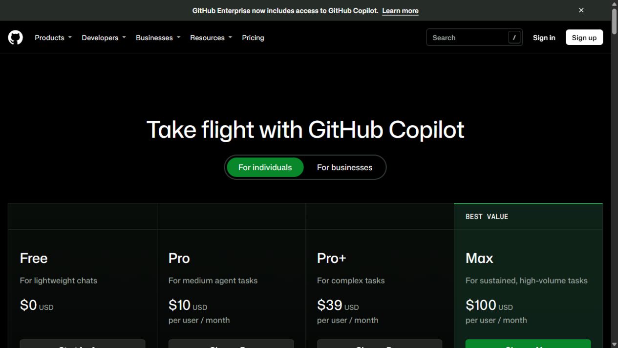 GitHub Copilot individual plans showing Free, Pro, Pro Plus and Max prices