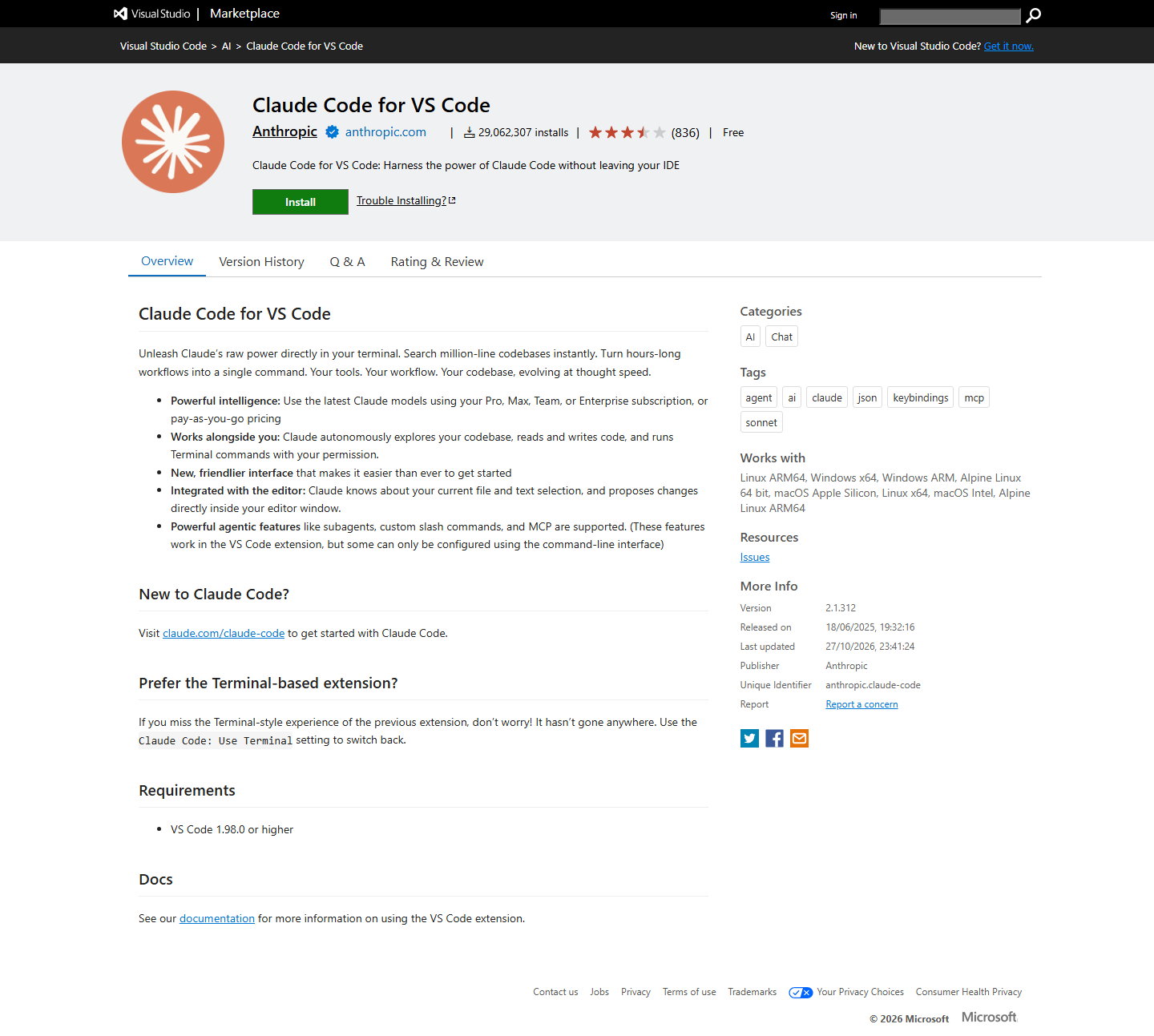 Signed-out Visual Studio Marketplace listing for Claude Code for VS Code by Anthropic