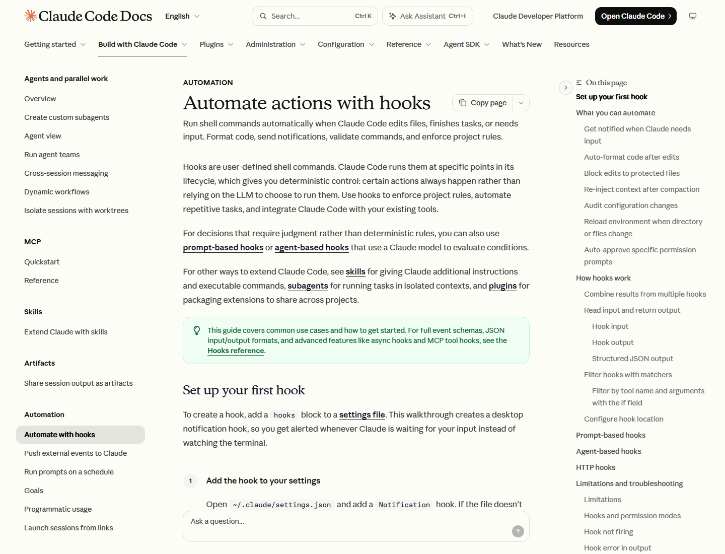 Anthropic Claude Code documentation showing the Automate actions with hooks guide and first hook setup