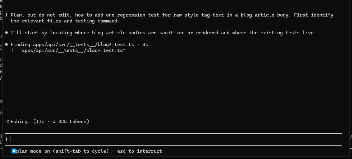 Claude Code showing an exact planning prompt while the status bar says Plan mode on