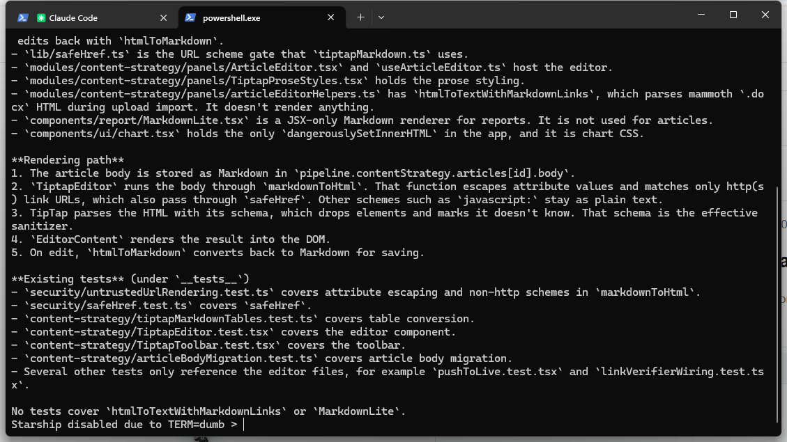 Claude Code subagent summary listing the inspected rendering path and existing tests