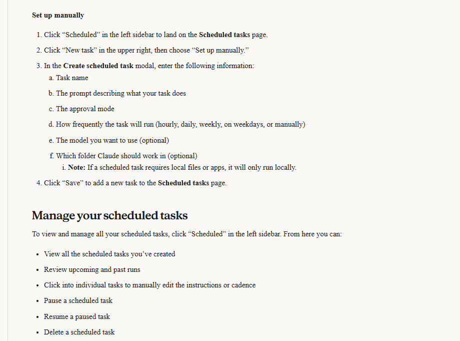 Anthropic help page showing the fields in the Create scheduled task form