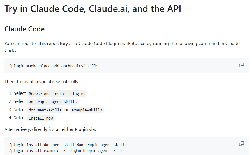 Anthropic skills repository README showing the Claude Code marketplace command