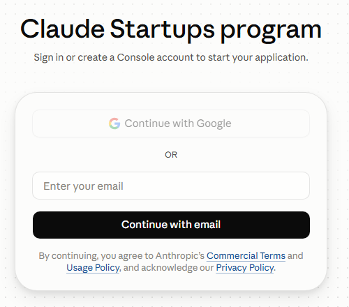 Claude Startups application sign-in screen reached before any account access