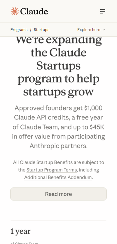 Claude Startups mobile page showing the one thousand dollar API credit, free Team year and partner offers