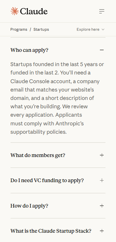 Claude Startups mobile FAQ with the five-year or two-year eligibility rule and application details