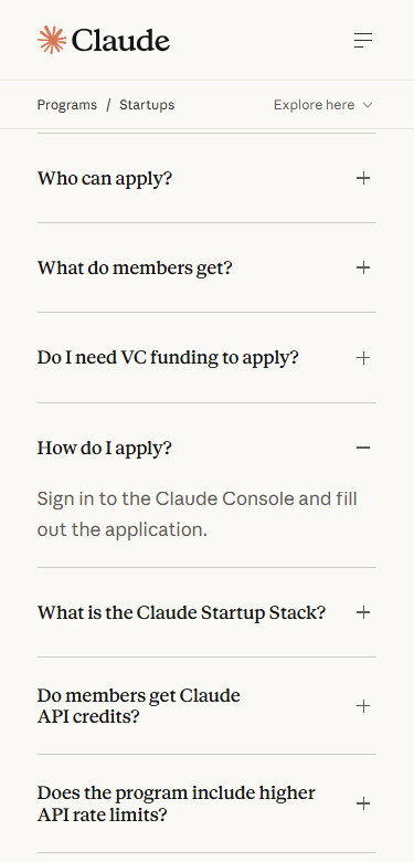 Claude Startups mobile FAQ saying applicants sign in to Claude Console and complete the application
