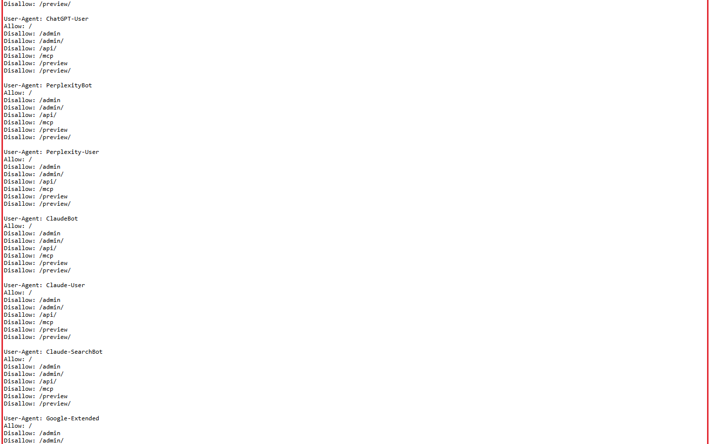 The public Xtrusio robots.txt file for a read-only host policy check
