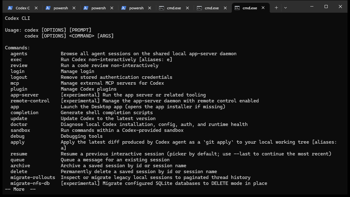 Codex CLI help showing exec, review, login, resume and other command groups