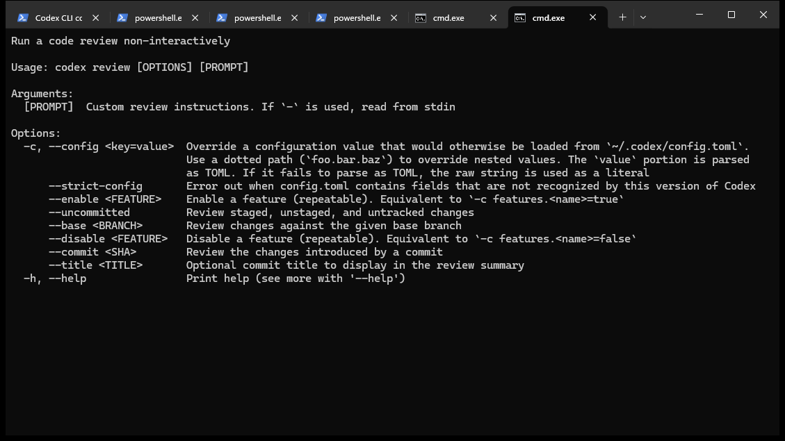 Codex review help showing uncommitted, base branch, commit and custom instruction options
