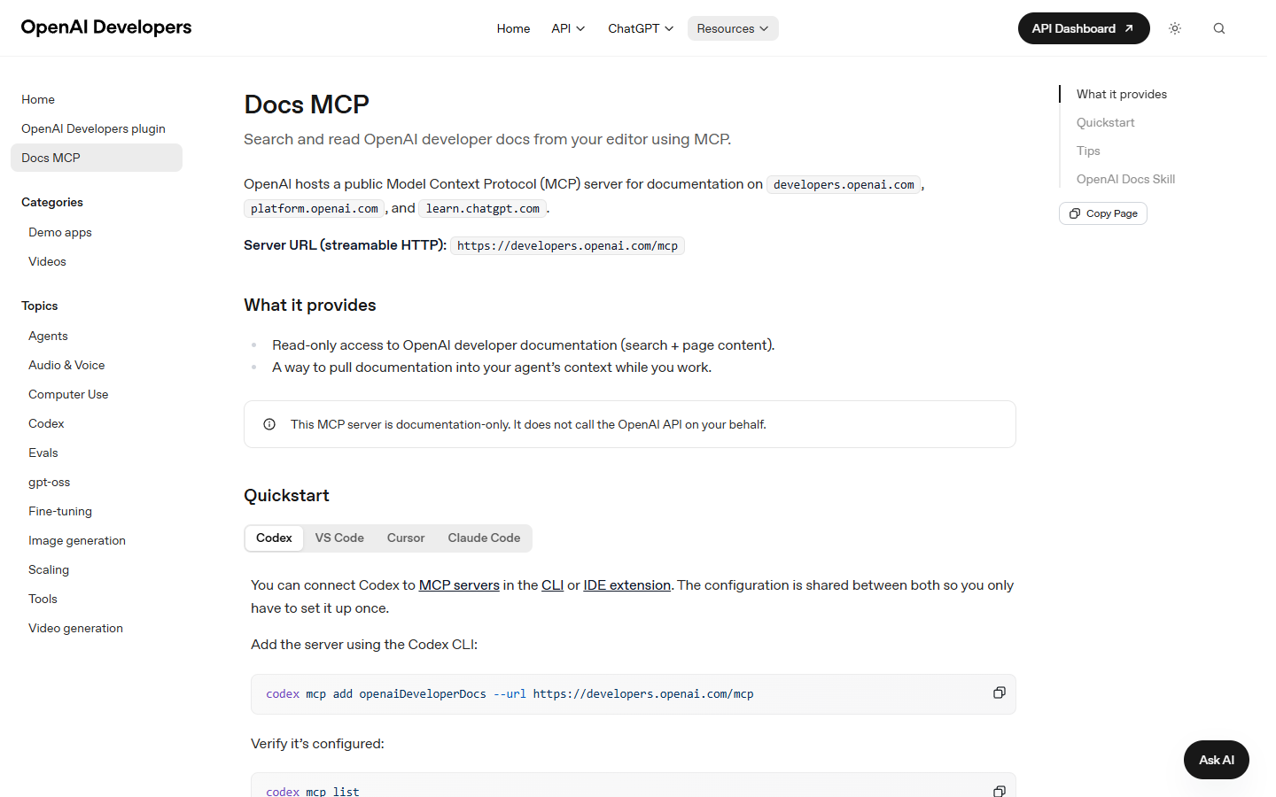 OpenAI Docs MCP page showing the Codex CLI add and list commands