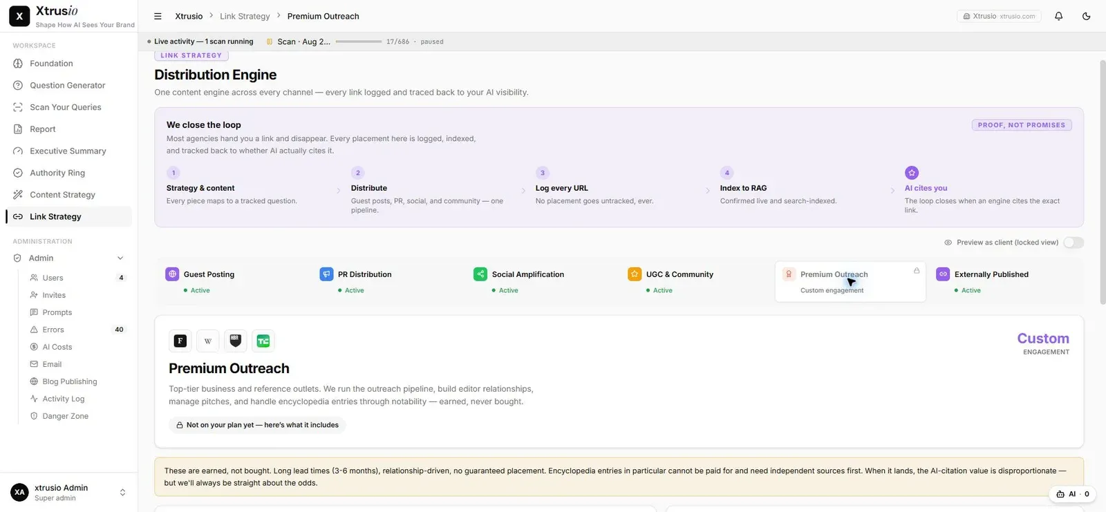 Xtrusio Link Strategy premium-outreach workspace