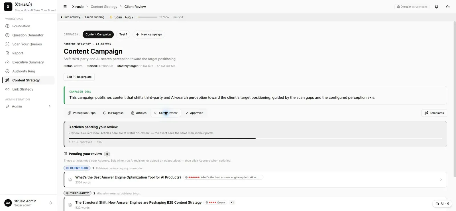 Xtrusio Content Strategy client-review queue