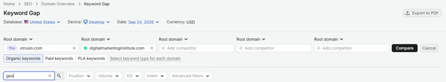Keyword Gap settings: Xtrusio compared with Digital Marketing Institute as root domains, US Desktop, September 24, Organic keywords and the geo keyword filter