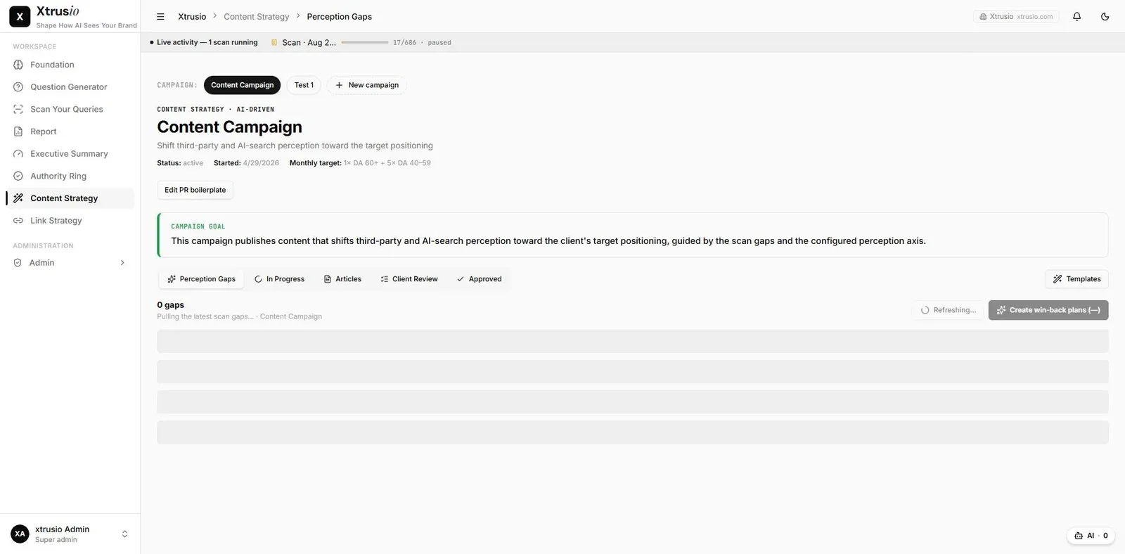 Xtrusio Content Strategy workspace with question-linked article workflow