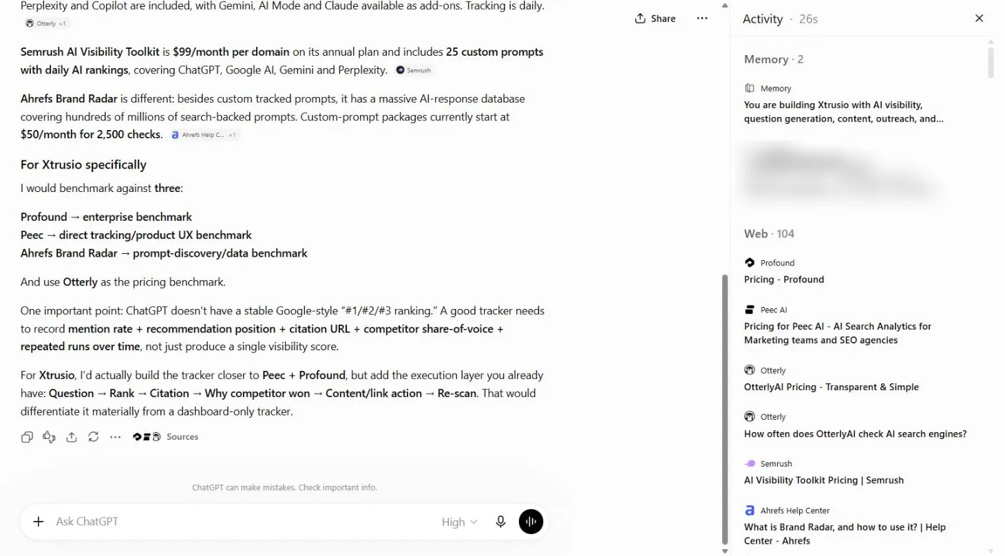 Native ChatGPT account context and web sources with unrelated past-chat details blurred
