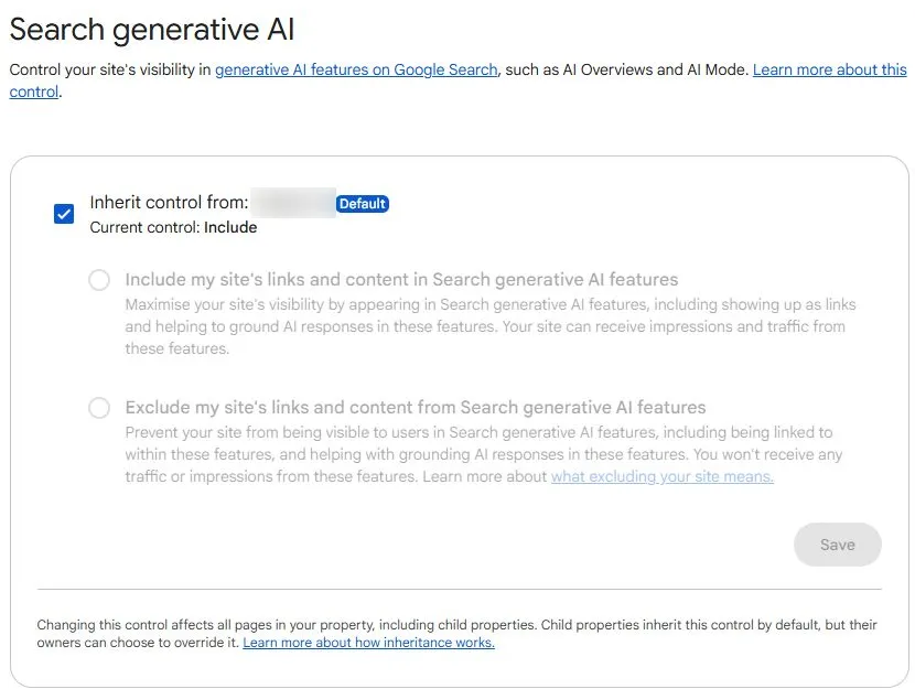 Native Google Search Console AI control with inheritance checked and effective Include; property name blurred