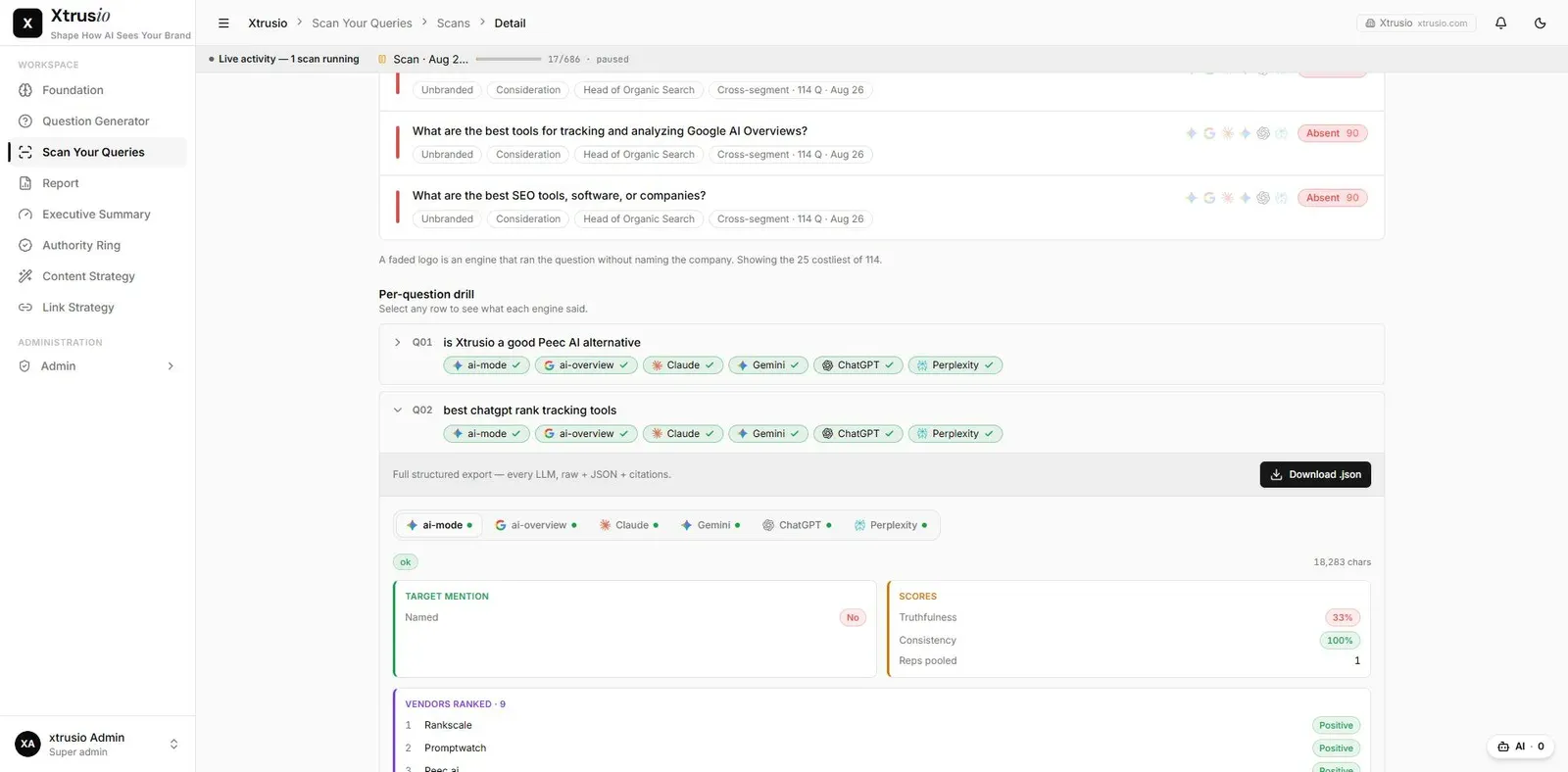 Expanded Xtrusio question record showing the returned answer details