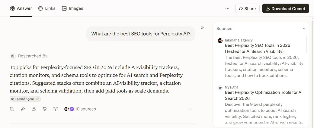 Perplexity answer to the tools question with its Sources pane and 10 sources control, September 24, 2026