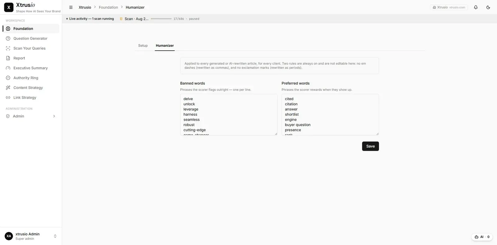 Xtrusio Foundation language and writing guidance screen