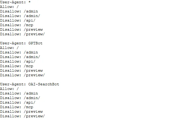 Native public robots.txt response showing separate GPTBot and OAI-SearchBot rules on Xtrusio, September 29, 2026