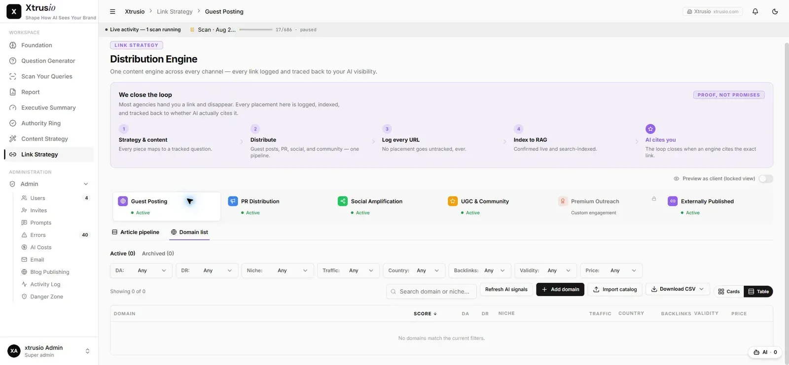 Xtrusio publisher catalogue with client-filtered domains