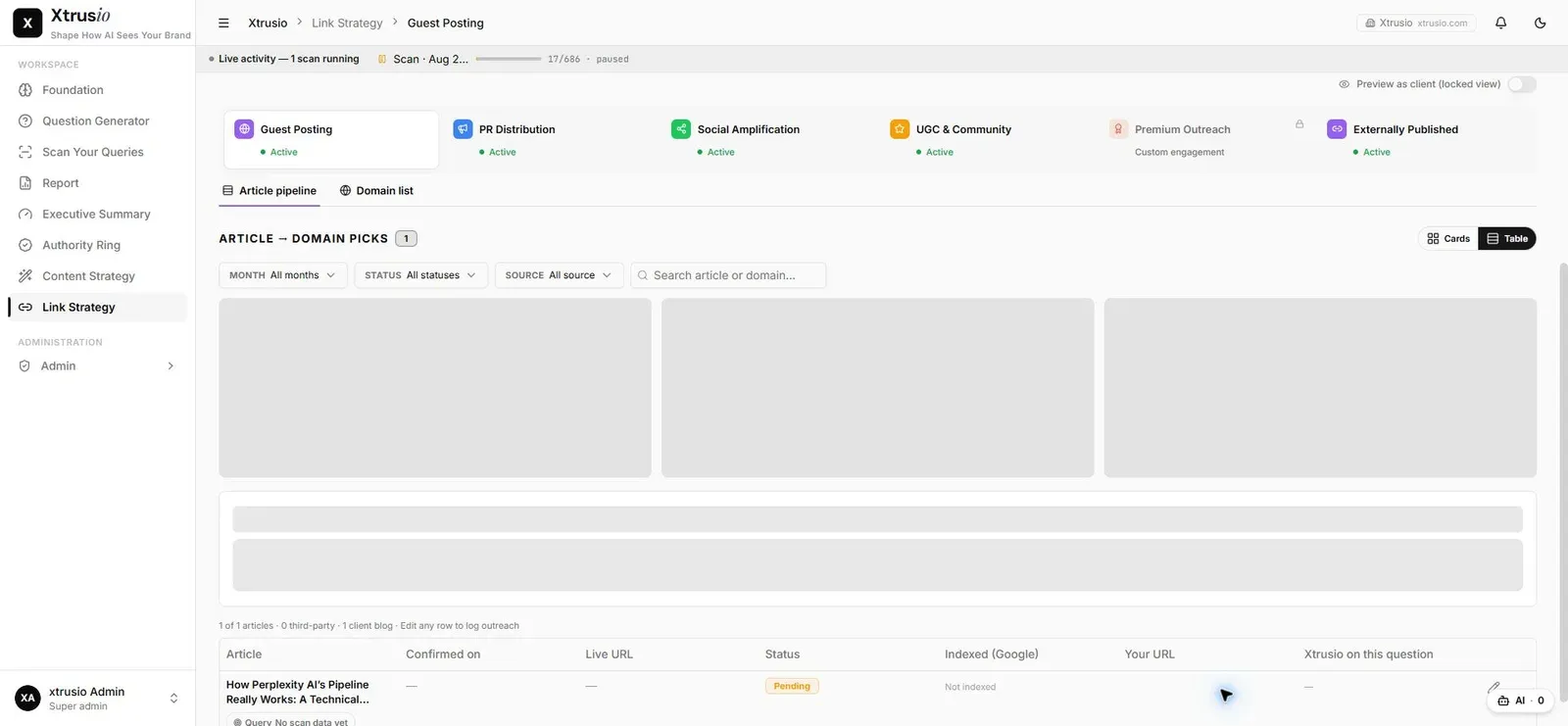 Xtrusio Link Strategy publication-status section