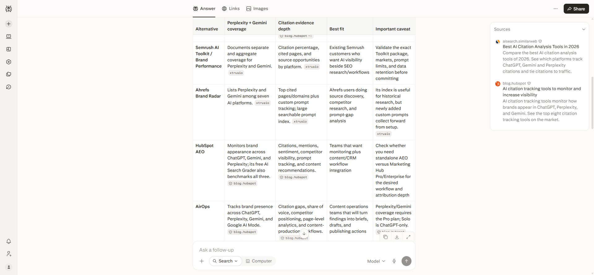 Perplexity rows showing Xtrusio source links beside claims about other products