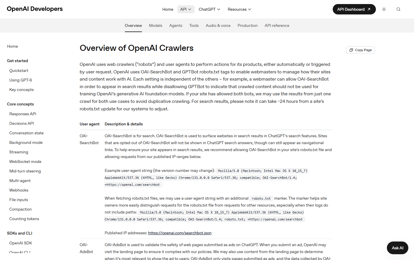 OpenAI's crawler overview page: its user-agent table starts with the OAI-SearchBot row and an example user-agent string