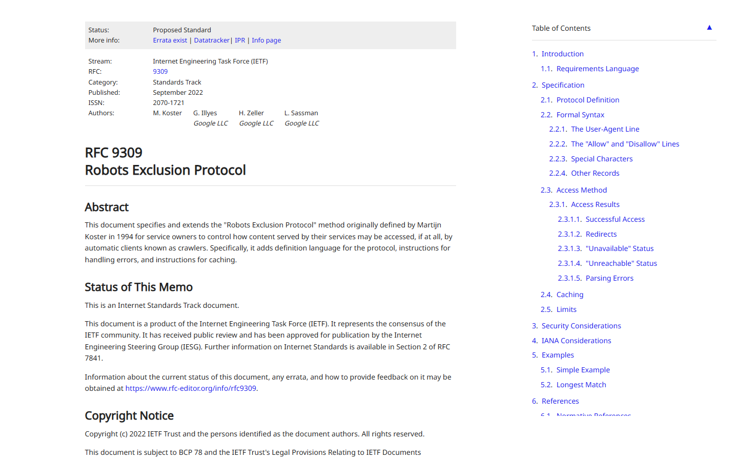 The top of the IETF's RFC 9309, the Robots Exclusion Protocol: its abstract and its table of contents
