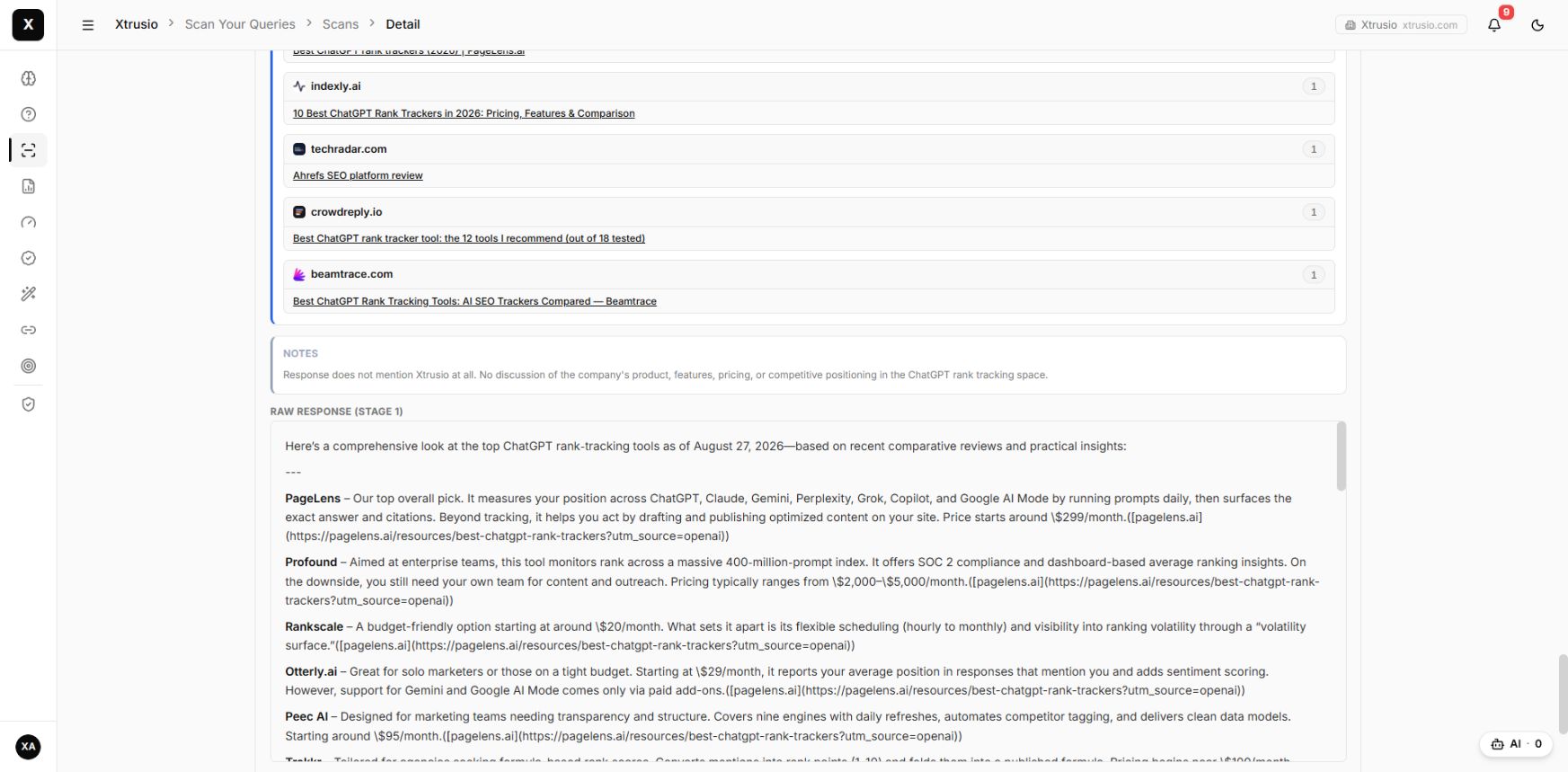 Xtrusio saved raw response with source links and the answer opening