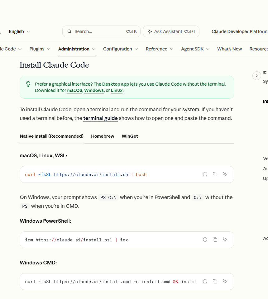 Anthropic Claude Code setup page showing native install commands for macOS, Linux, WSL, Windows PowerShell and Windows CMD