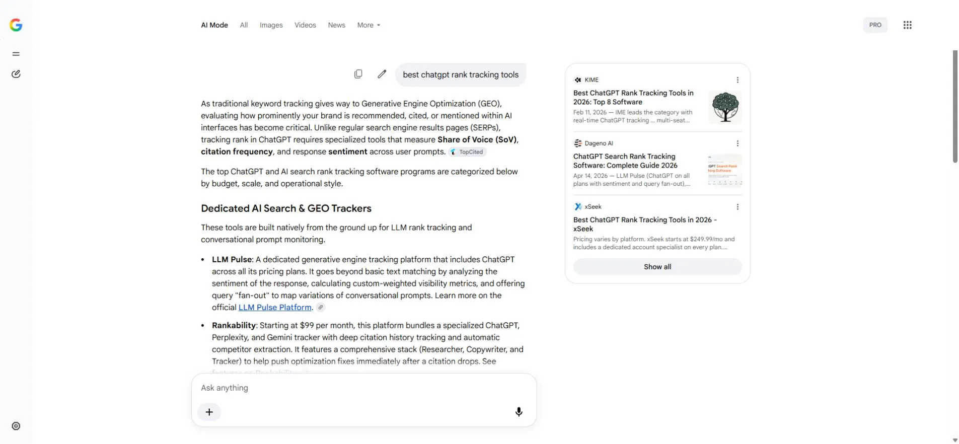 Google AI Mode answer with product comparison text and cited page cards