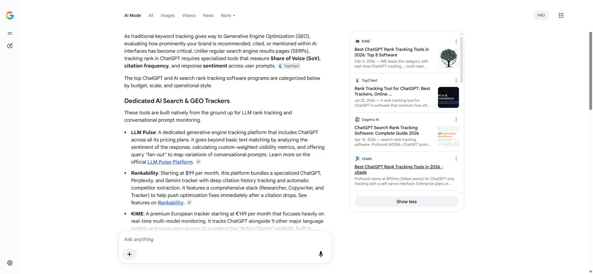 Expanded Google AI Mode source panel with supporting page links