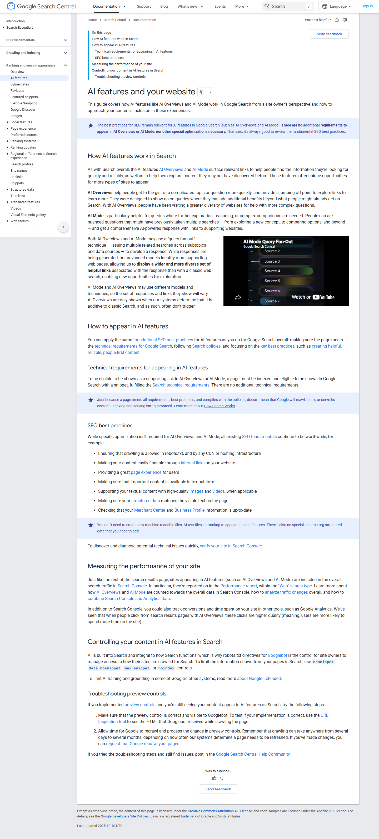 Google Search Central guidance on technical requirements for AI features