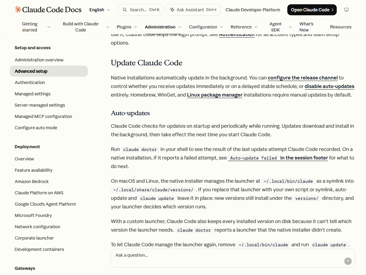 Anthropic Claude Code setup documentation showing the Update Claude Code and Auto-updates section