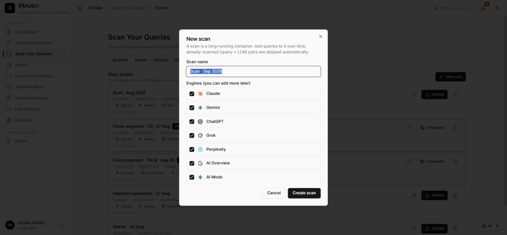 Xtrusio New scan screen with supported AI engines selected