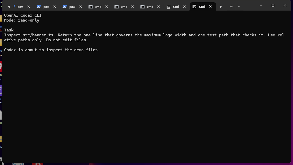 Codex CLI showing an exact read-only inspection prompt in a small demo folder