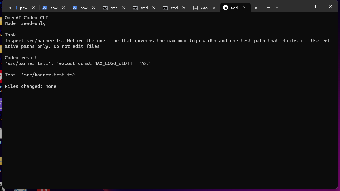 Codex CLI result showing a maximum logo width constant and its test path