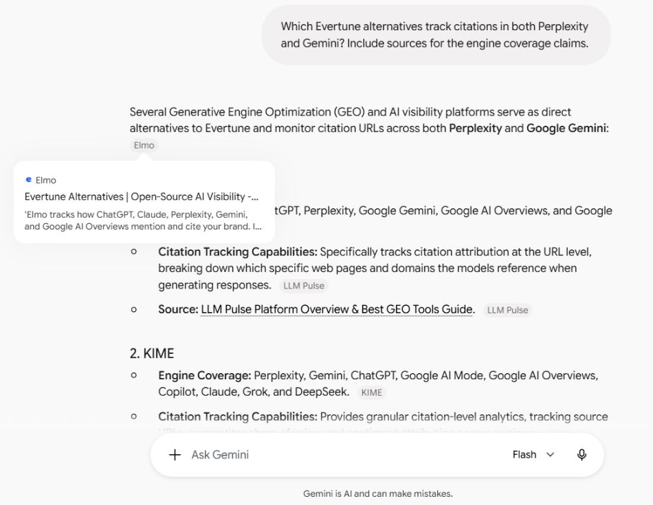 Gemini question asking about citation-tracking tools, answer excerpt and opened source chip